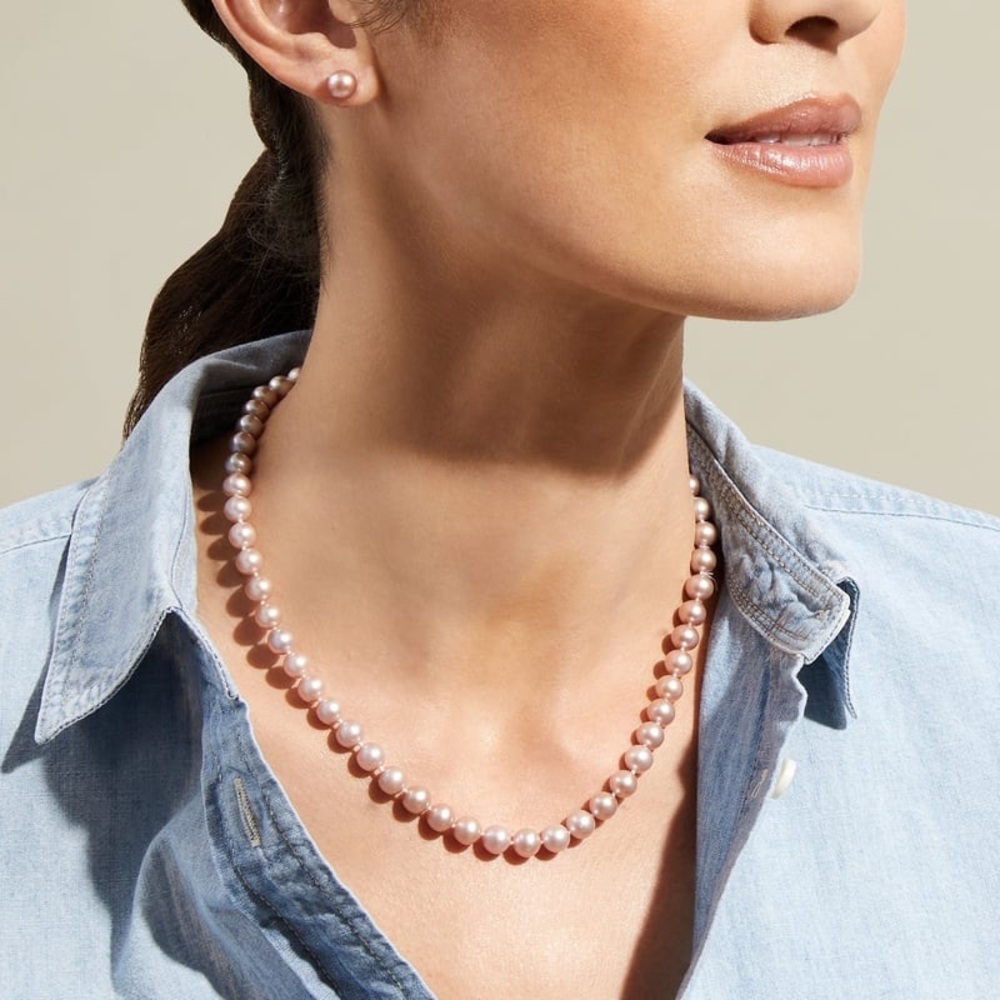 7.0-7.5mm AAAA Pink Freshwater Choker Length Pearl Necklace & Earrings